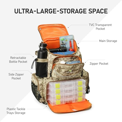 N NEVO RHINO Fishing Tackle Backpack with Rod Holders, 40L Large Fishing Bag with Waterproof Rain Cover,Outdoor Tackle Bag - color: Camouflage Yellow Pack with 4 Trays, size: Pack with 4 Trays