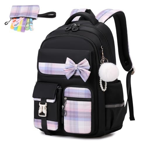 Girls Backpack, Kids Backpack for Girls School Bags with Pen Case, Bow Plaid Book Bag for Elementary Middle Primary High School College, Black-2pcs - color: Black