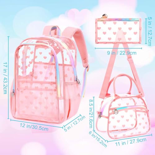 gxtvo 3PCS Transparent Backpack Heavy-Duty Set for Women & Teen Girls, 17" Pink Clear Bookbag with Rainbow Strap, Cute Love See Through School Bag - color: Pink Love Accents Clear Backpack Set