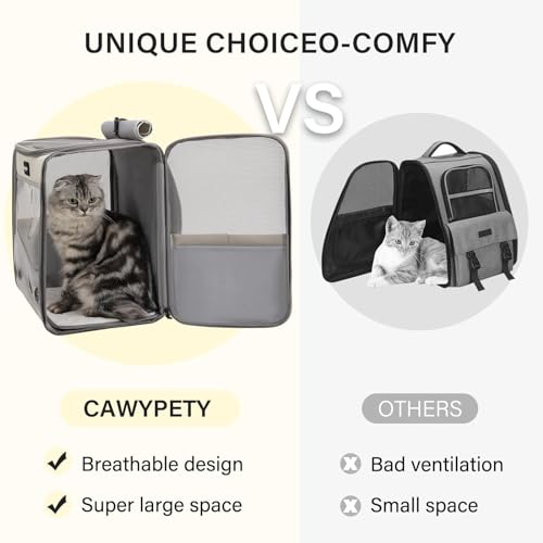 Cawypety Cat Carrier Backpack,Cat Carrier with Window Blind，Cat Backpack for Small Cats Dogs, Safety Straps, Collapsible, Breathability,Designed for Travel, Hiking, Outdoor,Car - color: Light gray