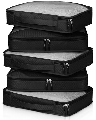 5 Pcs Packing Cubes for Suitcase Large Travel Cubes Carry on Luggage Organizer Bags for Clothes Accessories(M,Black) - color: Black, size: Medium
