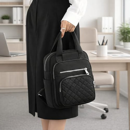 Small Backpack for Women Casual Quilted Square Bag Waterproof Multi Pockets Daypack Lightweight Top Handle Satchel - color: Black