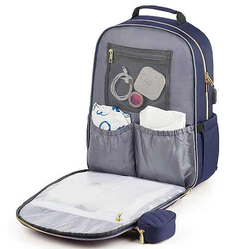 MOMUVO Diaper Bag Backpack, Quilted Baby Bag with Changing Pad & Stroller Straps & Pacifier Case, Large Travel Diaper Bags for Mom Dad, Blue - color: Blue