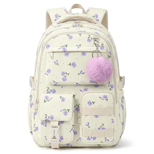 Corduroy Backpack for Teen Girls, Aesthetic Cute Purple Floral School Backpack with Multi-Pocket, Lightweight Bookbag Fits 15.6 Inch Laptop, Large Capacity Casual Daypack for School Travel - color: Tiny Purple Floral