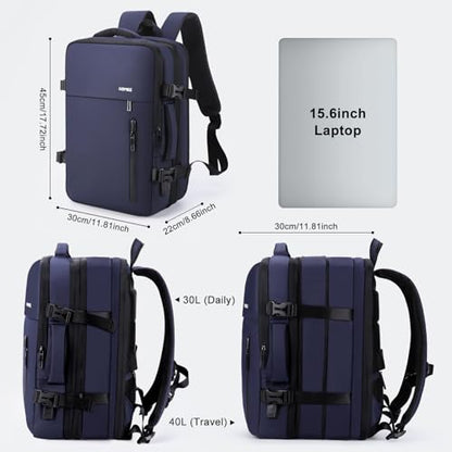 HOMIEE 40L Expandable Carry on Backpack Fit 15.6 Inch Laptop with USB Charging Port for Business Weekender, TSA Approved Personal Item Travel Backpack Waterproof Luggage Suitcase - color: Blue