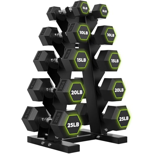 HANDBODE Rubber Coated Hex Dumbbell Set with A-Frame Rack, 100 lb - 600 lb Multiple Options Weight, Hexagon Non-Rolling Shape, Ergonomic Knurled Handle, Home Gym Equipment for Strength Training - style: 150 lb (5, 10, 15, 20, 25 lb) X 2 & Rack
