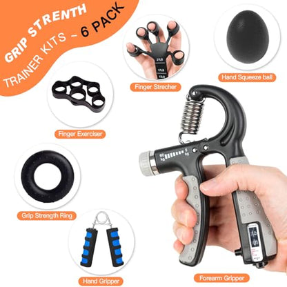 CYFIE Grip Strength Trainer Kit, Adjustable Hand Gripper Strengthener, Forearm Strengthener & Finger Exerciser Set with Finger Stretcher, Stress Ball & Grip Ring for Athletes, Rock Climbing & Rehab - color: BLUE & BLACK