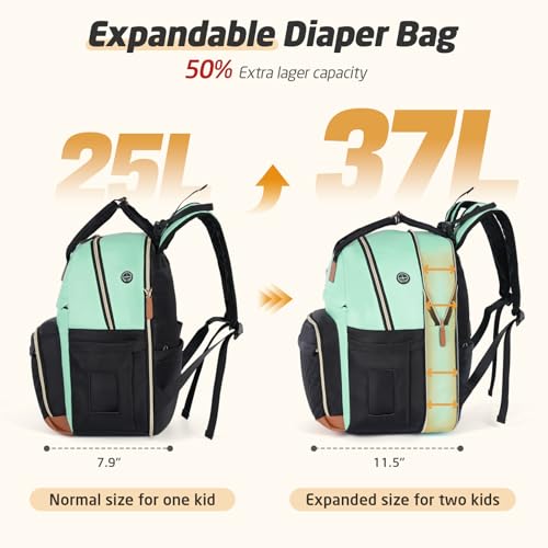Diaper Bag Backpack - Extra Large Diaper Bag for 2 Kids Twin, Travel Baby Bags for Mom Dad 25-37L Expandable with Changing Pad Earphone Hole, Green Black - color: Green & Black