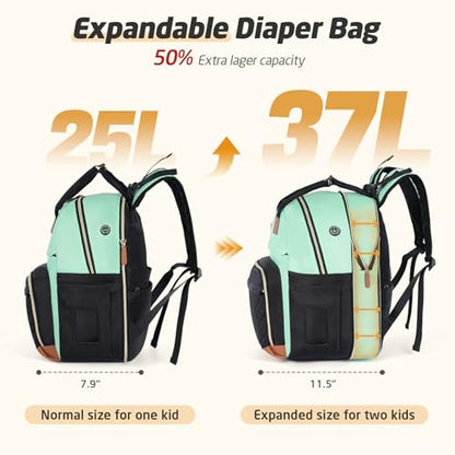 Diaper Bag Backpack - Extra Large Diaper Bag for 2 Kids Twin, Travel Baby Bags for Mom Dad 25-37L Expandable with Changing Pad Earphone Hole, Green Black - color: Green & Black