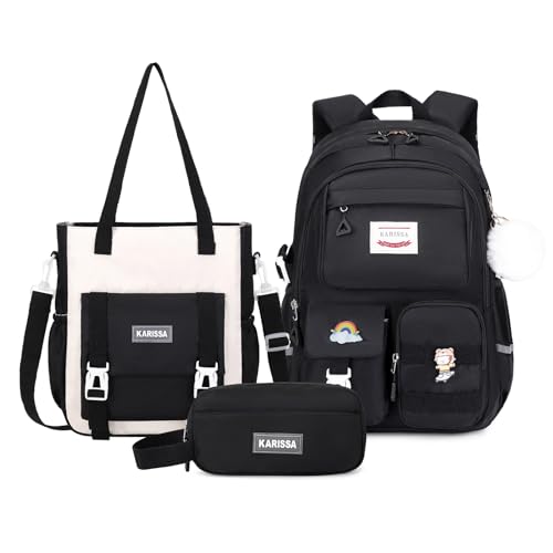 MUSEVOS Kawaii Girls Backpack for School with Convertible Shoulder Tote Bag，Cute Teenage Multiple Pockets Backpack for Primary Elementary High School, Black 3 Pcs Set - color: 3pcs Set-black