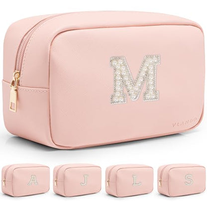 VLANDO Travel Gifts for Women Cute Initial Makeup Bag Graduation Gifts for Teen Personalized Birthday Gifts Idea for Women Teacher Bridesmaid Best Friend Mom,Letter M - color: 03-Pink-M