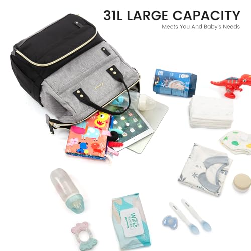 LOVEVOOK Diaper Bag Backpack, Baby Bag with Changing Station, Large Diaper Backpack for Mom Dads, Waterproof Leather Mommy Bag for Boy and Girl, Travel Essential Baby Shower, Black-Grey - color: Black-grey