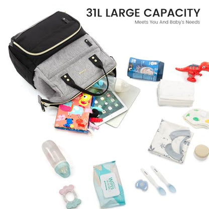 LOVEVOOK Diaper Bag Backpack, Baby Bag with Changing Station, Large Diaper Backpack for Mom Dads, Waterproof Leather Mommy Bag for Boy and Girl, Travel Essential Baby Shower, Black-Grey - color: Black-grey