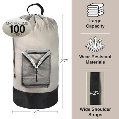 Laundry Bag Backpack with Shoulder Straps and Mesh Pocket Laundry Backpack Large Portable Laundry Hamper for College Laundromat Apartment with Drawstring Closure, Adjustable Back Straps (Khaki) - color: Khaki