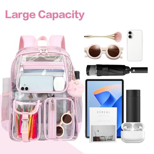 Clear Backpacks for Girls Women, Heavy Duty PVC Transparent School Bookbag See Through Back Pack for College Work Travel (Light Pink) - color: Light Pink