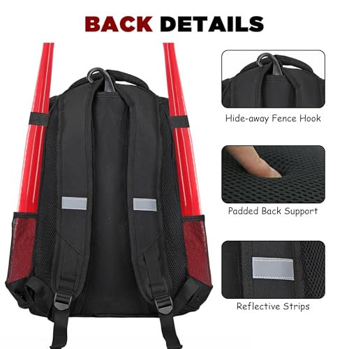 Goloni | Baseball Backpack,Baseball Bag for Adult,Softball Bat Bag with Shoes Compartment,Large Main Compartment for Helmet & accessories, Fence Hook - color: black