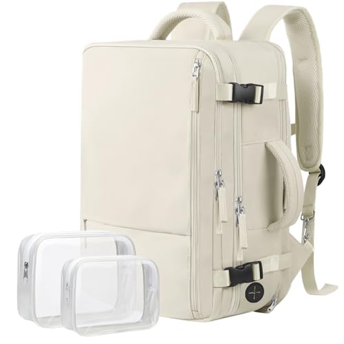 Hanples Travel Backpack for Women Men Large Carry On Person Item Flight Approved 17 In Laptop Backpack Waterproof anti theft Casual Luggage with 2 Toiletry Bag(Beige) - color: Beige, size: Large