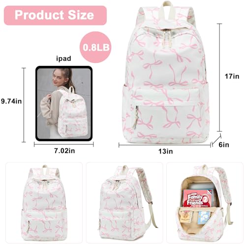 Bluboon School Backpack for Teen Girls Women Laptop Backpack College Bookbags Middle School Travel Work Commuter Back Pack - color: Pink Bow With Beige Base