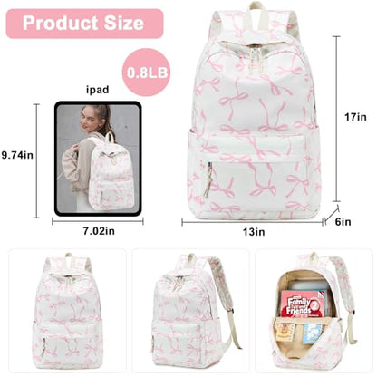 Bluboon School Backpack for Teen Girls Women Laptop Backpack College Bookbags Middle School Travel Work Commuter Back Pack - color: Pink Bow With Beige Base