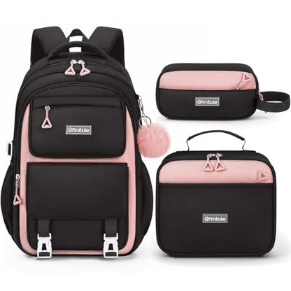 Fimibuke Backpacks for Girls, 3 PCS Waterproof School Backpack with Lunch Box & Pencil Pouch for Kids Teen Girl, Cute Bookbag School Bag for Elementary Middle High School Student Ages 6+(Black & Pink) - color: Black & Pink