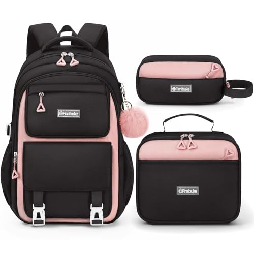 Fimibuke Backpacks for Girls, 3 PCS Waterproof School Backpack with Lunch Box & Pencil Pouch for Kids Teen Girl, Cute Bookbag School Bag for Elementary Middle High School Student Ages 6+(Black & Pink) - color: Black & Pink