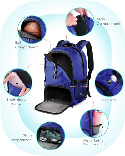 BROTOU Basketball Backpack, Large Basketball Bag with Shoes and Ball Compartment, Soccer Backpacks for Basketball/Volleyball - color: Navy Blue