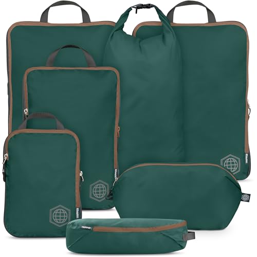 Large Compression Packing Cubes for Travel-Packing Cube Luggage Organizers 7 Piece Set for Checked Luggage-Ultralight, Expandable/Compression Bags by TRIPPED Travel Gear (Green and Brown) - color: Green and Brown