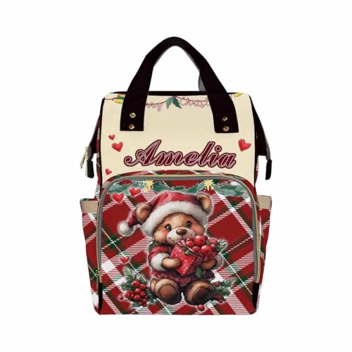 Custom Diaper Bag with Name, Personalized School Bag Christmas Bear Print, Monogram Nappy Backpack with Thermal Pockets for Adults Kids, Large Capacity Waterproof Diaper Bag Xmas Gift - color: A-color-2