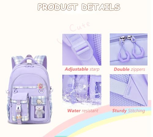 Girls Backpack with Lunch Box Cute School Backpack for Girls Kids Teens Kawaii Bookbag Set for Primary Elementary，Purple - color: Purple