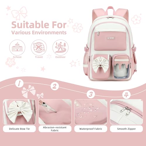 School Backpack for Girls 3PCS Nylon Kids Backpack Set with Lunch Box & Pencil Pouch, Cute Lightweight Teen Girls School Bag Laptop Bag Travel Daypack for Elementary Middle High School Beige Pink - color: Pink