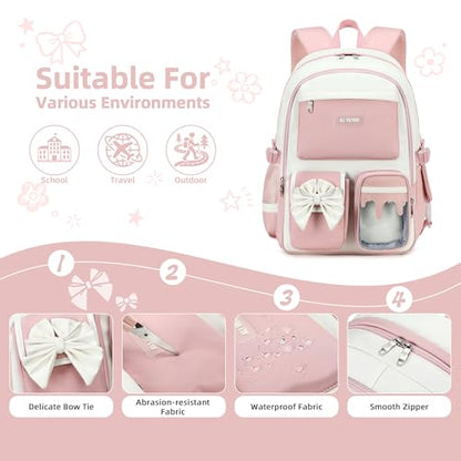 School Backpack for Girls 3PCS Nylon Kids Backpack Set with Lunch Box & Pencil Pouch, Cute Lightweight Teen Girls School Bag Laptop Bag Travel Daypack for Elementary Middle High School Beige Pink - color: Pink