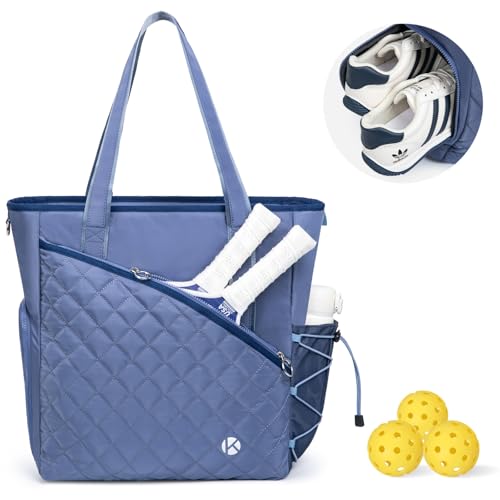 Pickleball Tote Bag for Women with Fence Hook, Quilted Pickleball Bag Holds 3-4 Paddles with Shoe Compartment & Wet Pocket - color: Blue