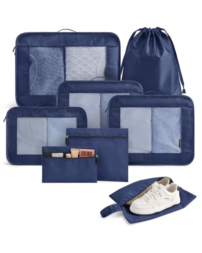 LIGHT FLIGHT 8 Set Packing Cubes for Travel, Durable Travel Essentials for Cruish Ship, Suitcase Organizer Packing Bags (8-Pack 1L+2M+1S+1Shoe bag+2Toiletry Bags+1Laundry Bag) - color: Navy Blue
