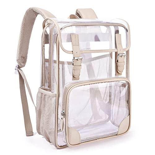 mommore Clear Backpack Large Clear Bookbag for School Heavy Duty Transparent PVC See Through Book Pack for College Work Travel - color: Khaki, style: Clear Backpack
