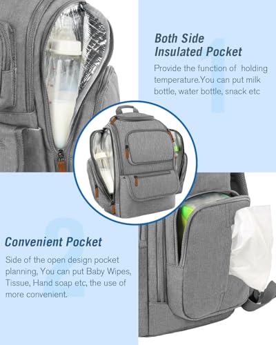 Mancro Diaper Bag Backpack, Multifunctional Baby Diaper Bag Backpack For Men Women with Stroller Straps, Travel Water Resistant Baby Diaper Backpack with 2 Side Insulated Pockets, White Grey - color: White Grey, size: Large
