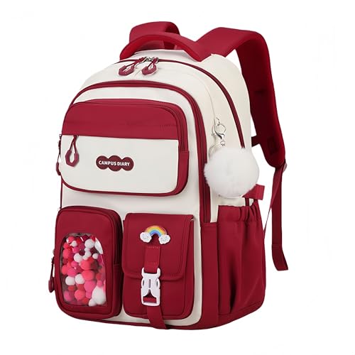 VIDOSCLA Vivid Girls' School Backpack Kids Elementary Schoolbag Primary Backpack with Multi-Pocket Design - color: A03# Wine Red
