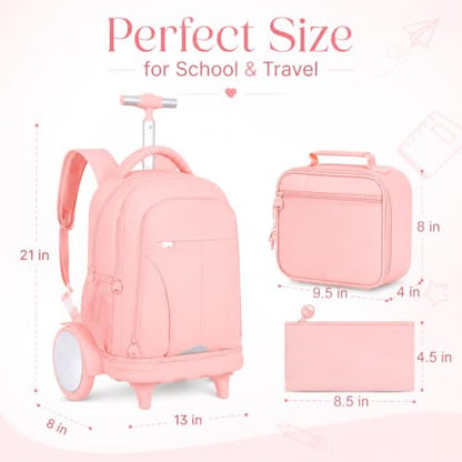 AGSDON Quiet Glide Rolling Backpack with Lunch Box Set - Large Wheel Water-Resistant Wheeled Bag for Business, Travel, and College | Blush Pink 3-in-1 Organizer Backpack - color: Reflective Pink - Rolling Backpack