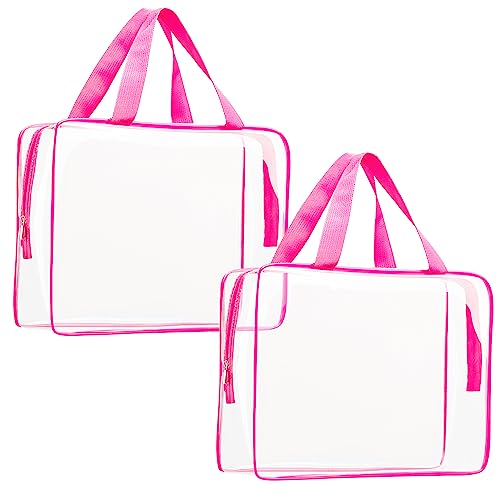 2Pcs Crystal Clear PVC Travel Toiletry Bag Kit for Women Men, Waterproof Vinyl Packing Organizer Storage Bags with Zipper Handle Straps, Cosmetic Pouch Carry on Airport Airline Compliant Bag Handbag - color: 2pcs Hot Pink-Large, size: 2pcs Large