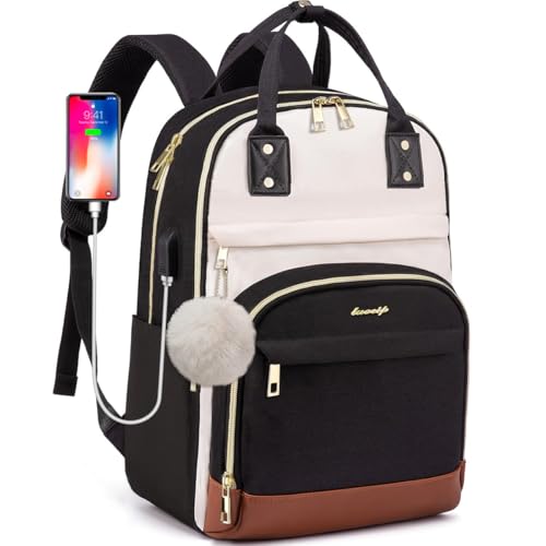 Laptop Backpack for Women College Bookbag: 15.6 Inch Cute Work Backpacks with USB Charger Waterproof Stylish Womens Computer Bag for Teachers Nurses Casual Business Travel Back Pack (with Pom-Pom) - color: Black Beige, size: 15.6 Inch