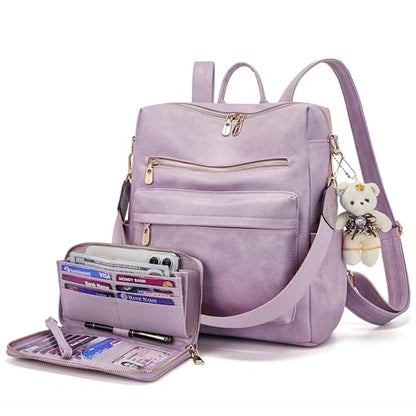 Soperwillton Women Backpack Purse Multipurpose Design Handbags Shoulder Bag PU Leather Travel bag Backpack Set 2pcs - color: Lightpurple