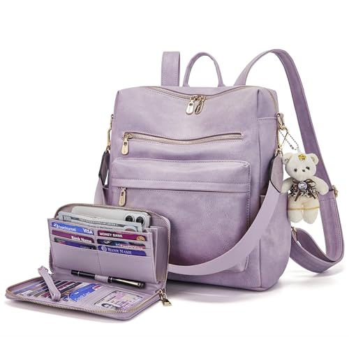 Soperwillton Women Backpack Purse Multipurpose Design Handbags Shoulder Bag PU Leather Travel bag Backpack Set 2pcs - color: Lightpurple