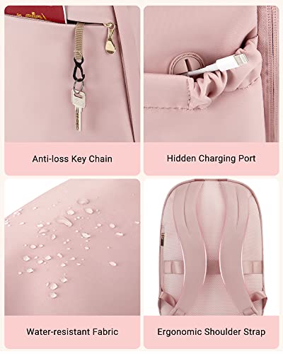LIGHT FLIGHT Travel Backpack for Women, 15.6 Inch, Dull Pink | Laptop Backpack, USB Charging Hole, Water Resistant, Large Capacity, College Bookbag - color: Dull Pink, size: 15.6 Inch without Wheels