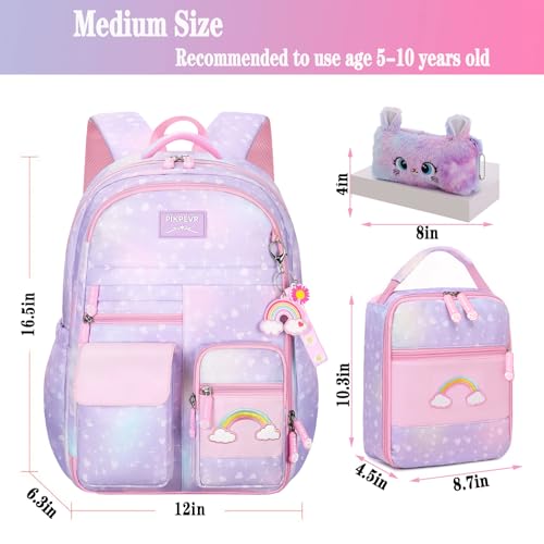 Jcobvig 3Pcs Kids Backpack For Girls,Cute Rainbow Student School Backpack With Lunch Bag Pen Bag Set (Purple Medium 16.5in - color: Purple, size: Medium
