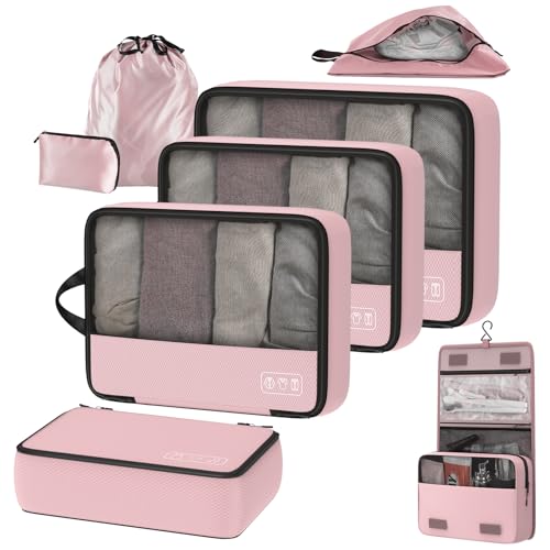 8-Piece Compression Packing Cubes for Travel, Stylish Luggage Organizer Set for Women, Space Saving Travel Essentials, Perfect for Vacation Cruise, Weekend Getaways & Carry-On Packing - Light Pink - color: Pink-8 Set