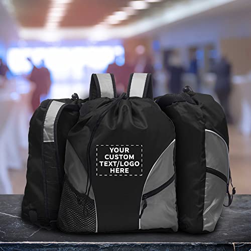 DISCOUNT PROMOS Custom Sporter Drawstring Backpacks Set of 6/12/24, Personalized Bulk Pack - Compact, Lightweight, Unisex Backpack - Black - color: - Custom - Black, size: 6/12/24