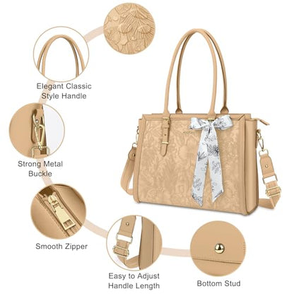 MOSISO Laptop Bag for Women, 15.6-16 inch PU Leather Tote Bag Compatible with MacBook, HP, Dell, Asus Notebook, Front Embossed Retro Hibiscus Computer Bags with Silk Scarf&Clutch Purse, Apricot - color: Apricot, size: 16 inch