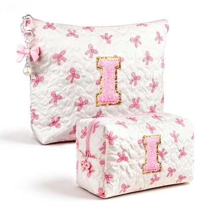 Initial Makeup Bag, Valentines Day Gifts for Women Teens Girls Birthday Gift Personalized Bow Cosmetic Bag, Quilted Cosmetic Travel Toiletry Pouch, Cute Makeup Organizer Teen Girl Gifts Trendy Stuff I - color: I