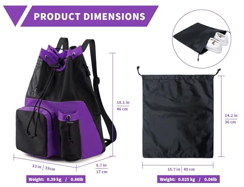 Lohol Large Mesh Drawstring Backpack with Shoe Bag, Durable Swimming String Sack with Handle for Sports Gym Yoga Beach Travel - color: Purple