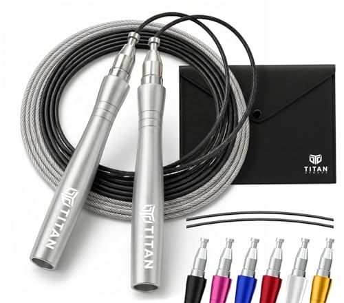 Titan Armour® Speed Rope - Professional Self-Locking & Adjustable, Adult Speed Jump Ropes for Fitness | 2 x Steel Ropes, Cable Protector & Travel Case | Jump Rope Crossfit, Boxing, Fitness MMA for Men & Women - color: Silver