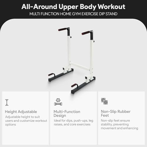 BalanceFrom Steel Frame Dip Station with Adjustable Height, 500 Pound Weight Capacity – Upper Body Workout Home Gym Equipment for Triceps, Push & Pull Ups, Leg Raises, and Bench Press - color: White